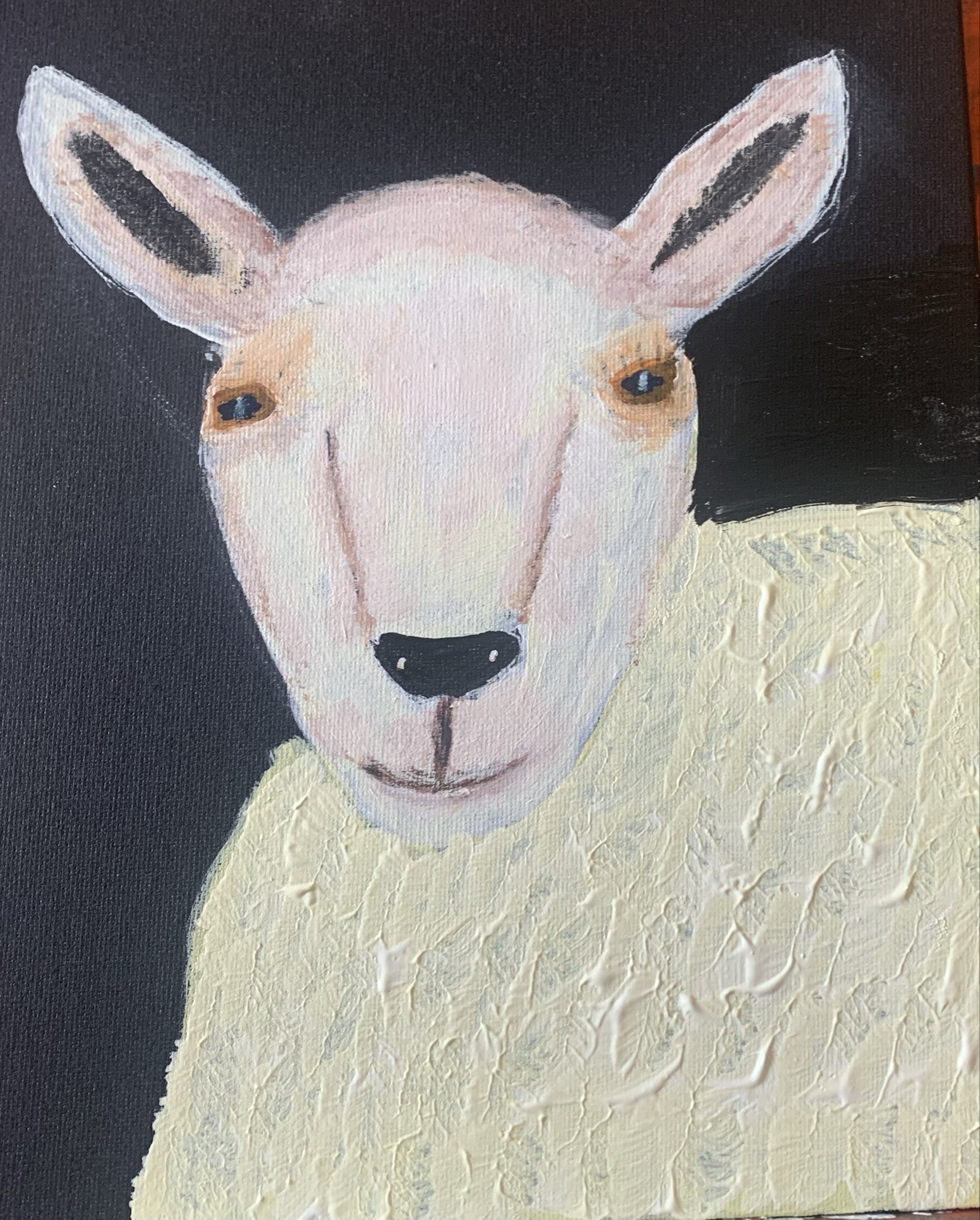 Submitted photo of acrylic painting of a sheep in a contemporary naive style
