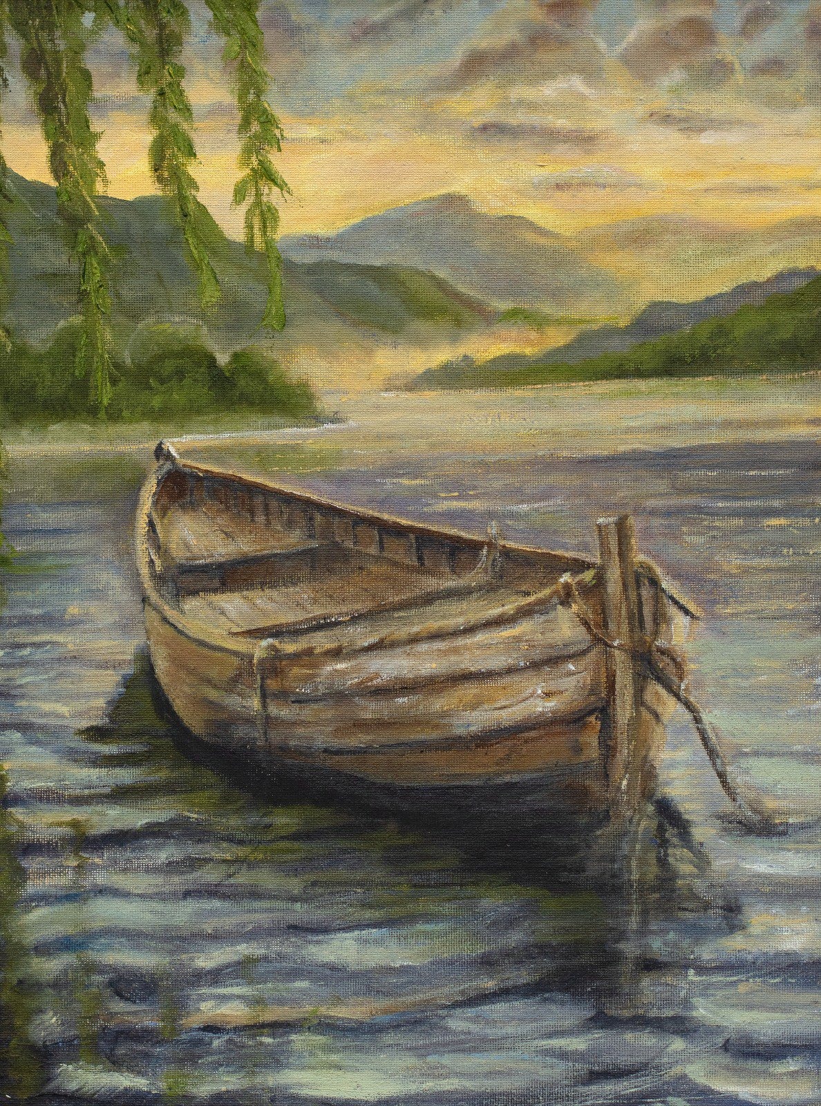 Submitted photo of Oil landscape painting depicting a wooden rowboat