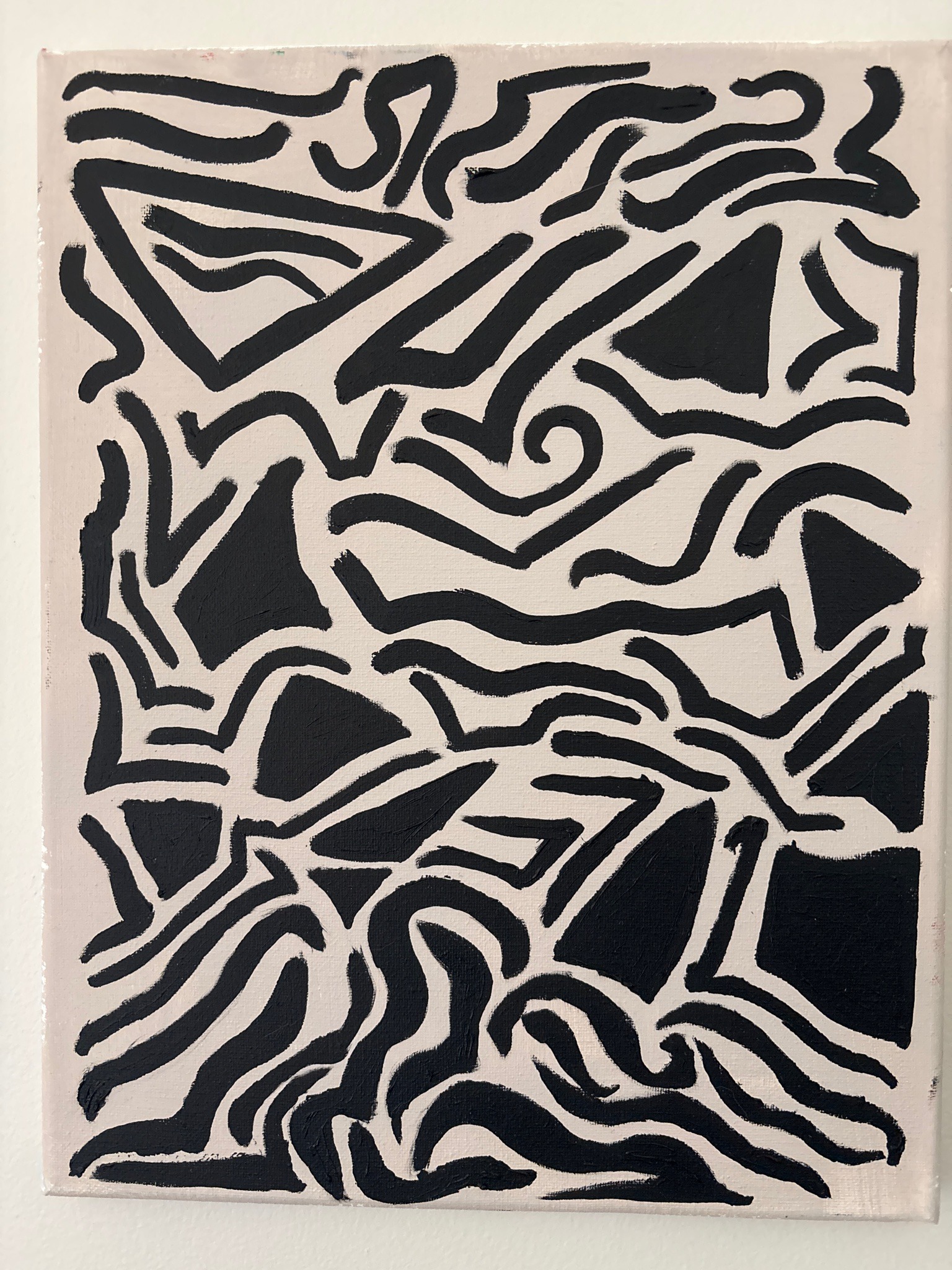 Submitted photo of Abstract canvas painting with black linear and geometric motifs