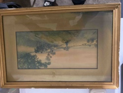 Framed Landscape Print with Gold Tone Frame