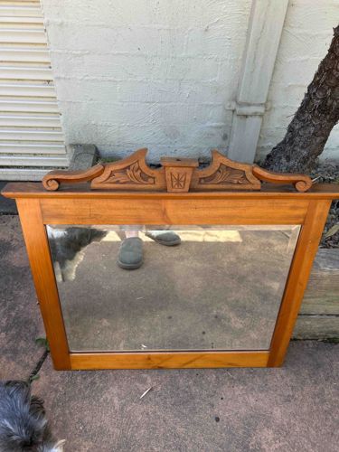 Vintage Carved Wood Pediment Beveled Wall Mirror