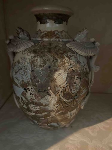Japanese Satsuma-style Earthenware Vase with Figural Scenes and Applied Mythical Creatures