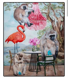 Ashley Longshore, Monkeys and Flamingo with Chandelier