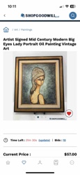 Artist Signed Mid Century Modern Big Eyes Lady Portrait Oil Painting Vintage Art