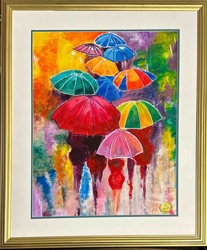 Colorful Umbrellas in Rain - Impressionistic Painting