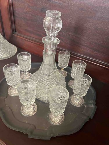 Vintage Pressed Glass Decanter and Cordial Glass Set