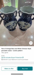 Pair of Vintage Blue and White Chinese-Style Porcelain Vases with Scenic Pattern