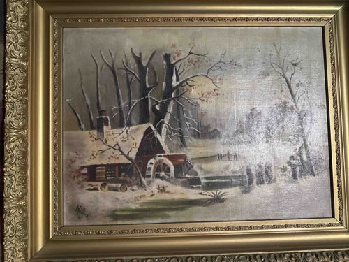 Winter Landscape Painting with Watermill