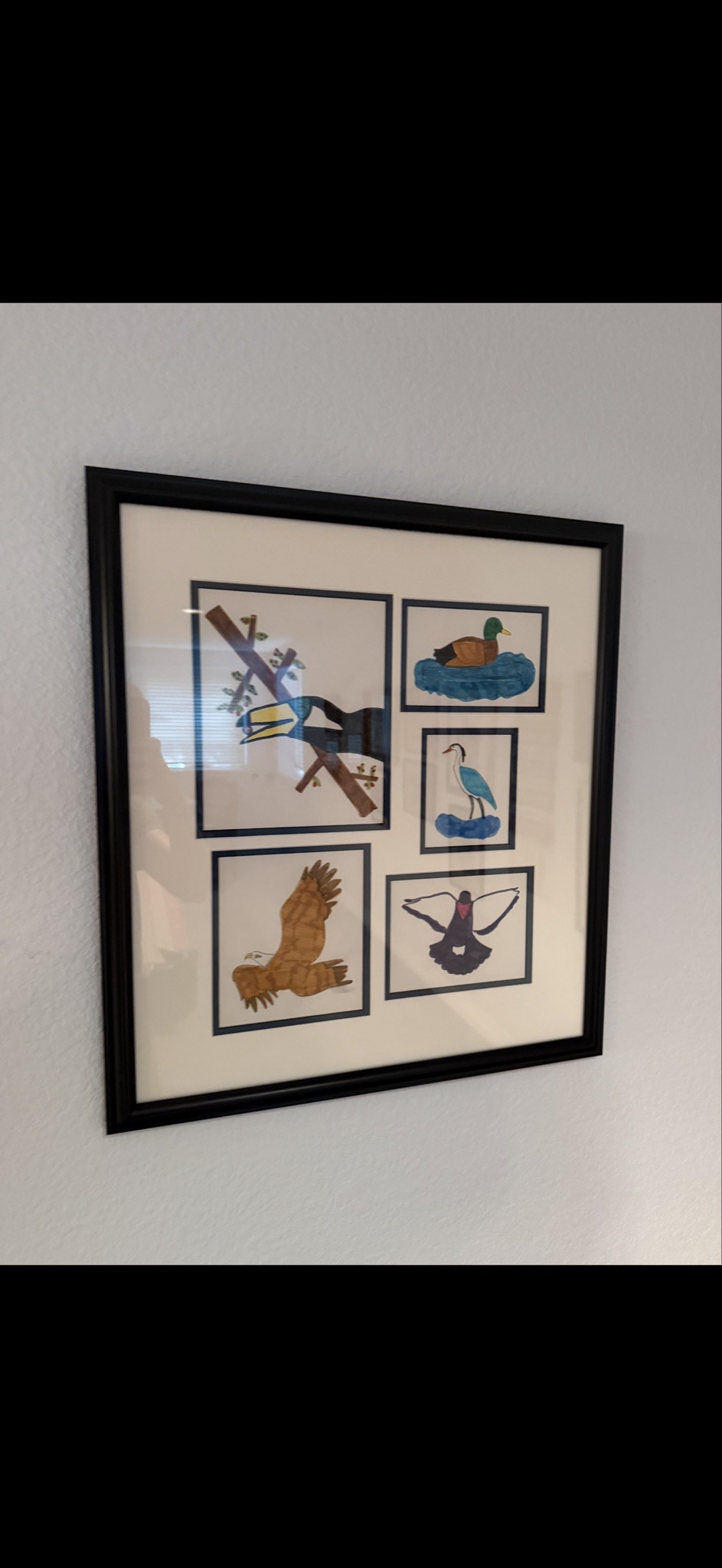 Submitted photo of Framed multi-panel watercolor and ink illustration of birds