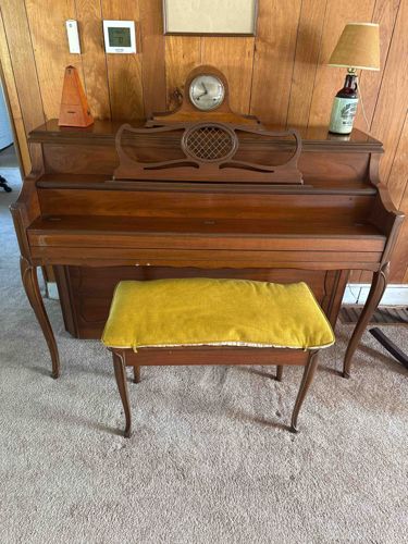 Upright Piano with Integrated Clock and Matching Bench
