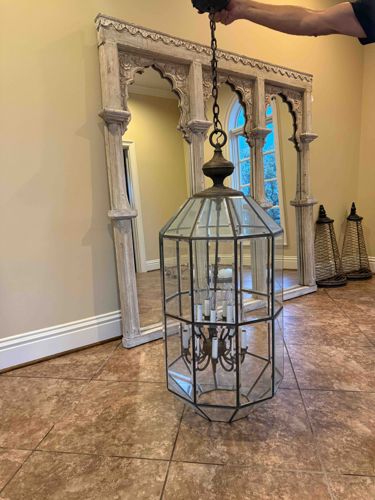Large Antiqued Brass and Glass Octagonal Lantern Chandelier