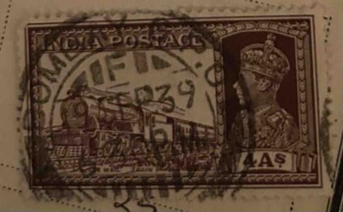 India 4 Annas Queen Victoria Stamp with Train Vignette