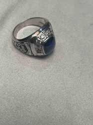 10K White Gold Blue Cabochon Class Ring with Diamond Accents