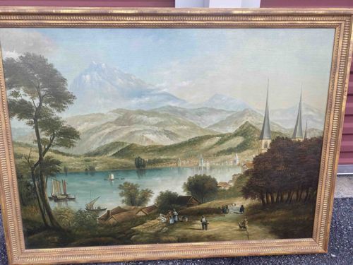 19th Century European Lake Scene Landscape Painting