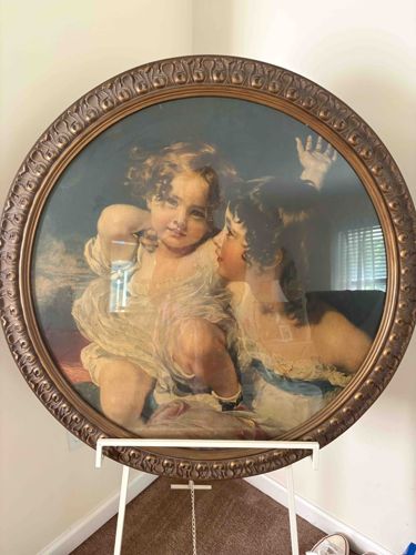 Sentimental Children Allegorical Print in Ornate Circular Frame