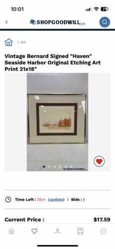 Vintage Bernard Signed "Haven" Seaside Harbor Original Etching Art Print 21x18"