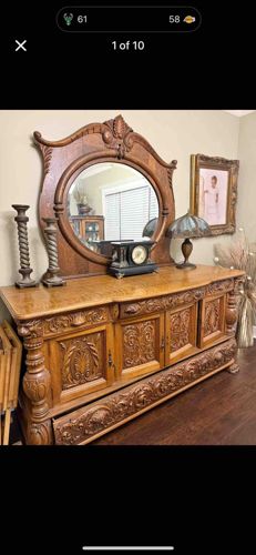 Victorian Renaissance Revival Influenced Carved Oak Sideboard with Circular Mirror