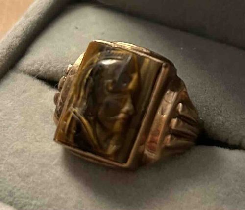 10k Gold Men's Tiger's Eye Intaglio Ring with Native American Chief Motif