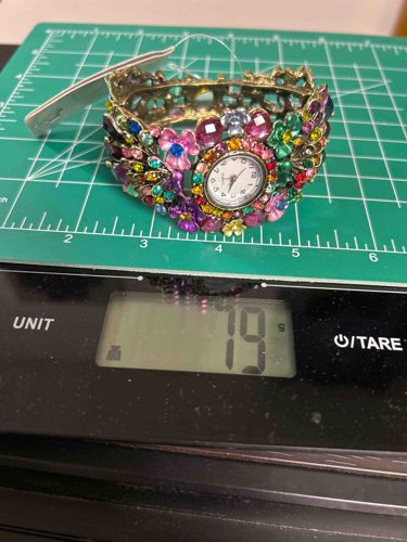 Multi-Gemstone Floral and Peacock-Inspired Cuff Bangle Watch