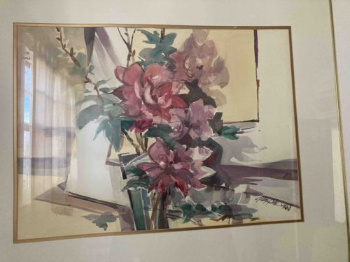 Still Life Watercolor Painting of Flowers by a Window