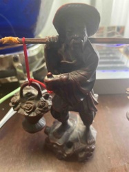 Chinese Hand-Carved Fisherman Figure with Carrying Pole and Flower Basket