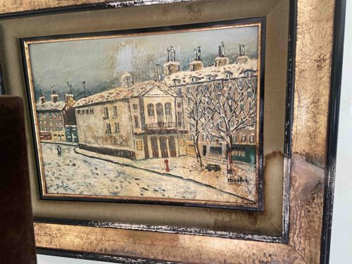 Framed Cityscape Oil Painting by Masleb (Likely Mid-20th Century)