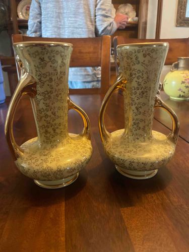 Vintage Sabin Crest-O-Gold Weeping Gold Double-Handled Vases, Pair