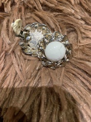 Vintage Silver-Tone Ornate Clip-On Earrings with White Cabochon