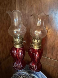 Pair of Vintage Red Glass Dolphin/Fish Oil Lamps
