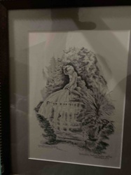 Framed Pen and Ink Drawing of Roman-style Fountain with Figure