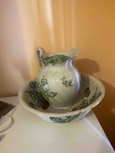 Victorian Era Green Transferware Pitcher and Basin Set