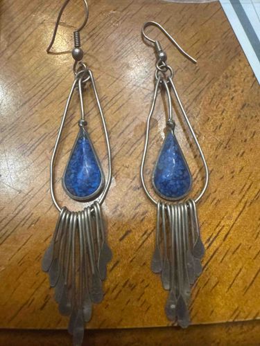 Teardrop Blue Stone Dangle Earrings with Fringe