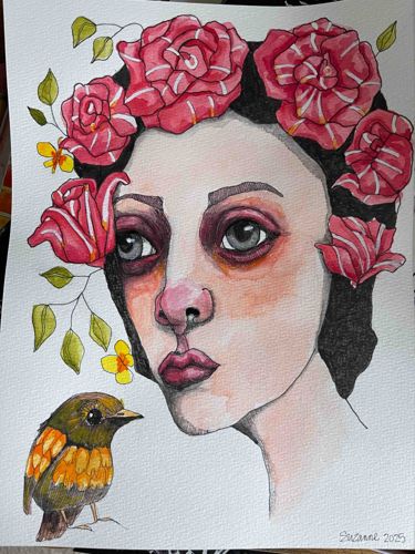 Watercolor Painting of a Woman with Rose Flower Crown and Bird