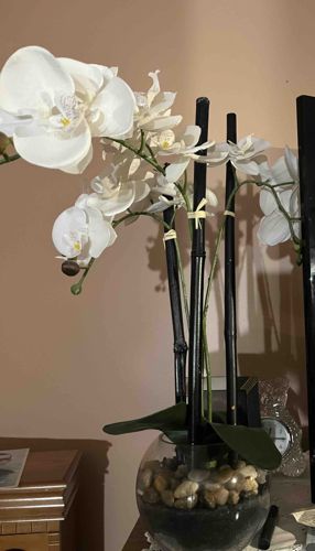 Artificial White Phalaenopsis Orchid Arrangement in Glass Bowl