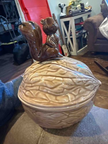 Vintage Ceramic Squirrel and Walnut Covered Dish