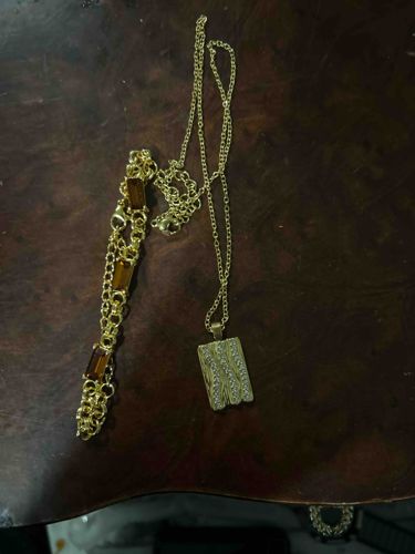 Gold-Tone Costume Jewelry Set with Pendant Necklace and Multi-Strand Bracelet