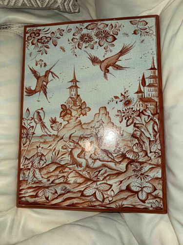 Chinoiserie Ceramic Plaque with Avian and Landscape Scene