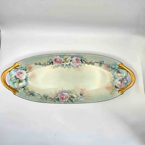 Hand-Painted Rose Motif Porcelain Celery Dish with Gilt Handles