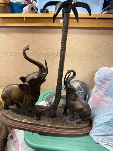 Palm Tree and Elephant Bronze Sculpture on Wooden Base