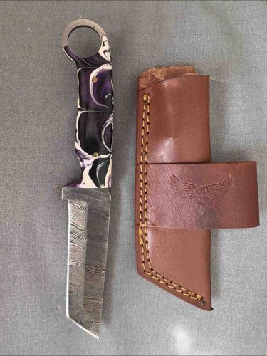 Damascus Steel Karambit-style Knife with Custom Handle and Leather Sheath