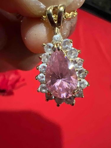 Pear-Cut Pink Gemstone Halo Pendant in Yellow Gold