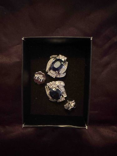 14k White Gold Blue Sapphire and Diamond Cluster Earrings