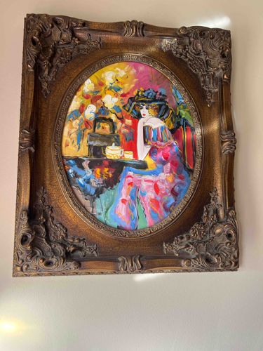 Framed Impasto Style Painting of a Woman at Tea