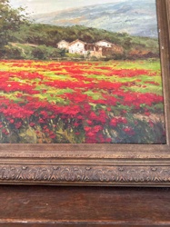 Oil Painting: Landscape with Red Poppy Field and Houses