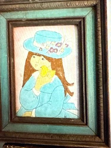Framed Folk Art Style Portrait of a Girl with Chick
