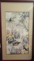 Framed Eastern Asian Style Watercolor Painting of Mandarin Ducks and Irises