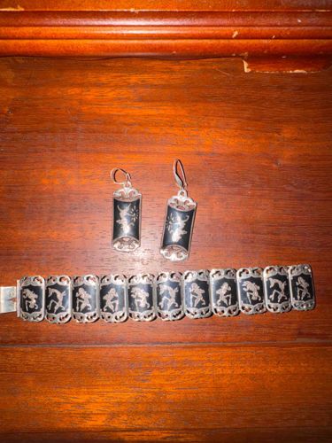 Sterling Silver and Niello Jewelry Set (Bracelet and Earrings)