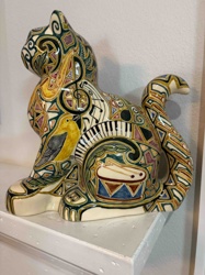 Musical Cat Hand-Painted Ceramic Sculpture by Adele Anderson Lawton