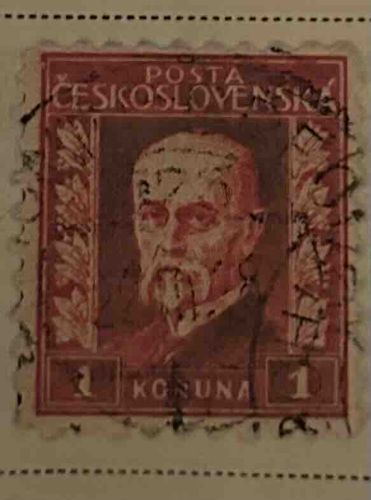 Czechoslovakian Postage Stamp - 1 Koruna with Portrait of T. G. Masaryk