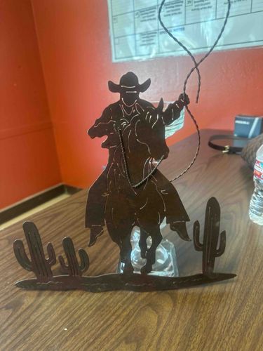 Metal Cowboy and Horse Silhouette Sculpture with Cacti